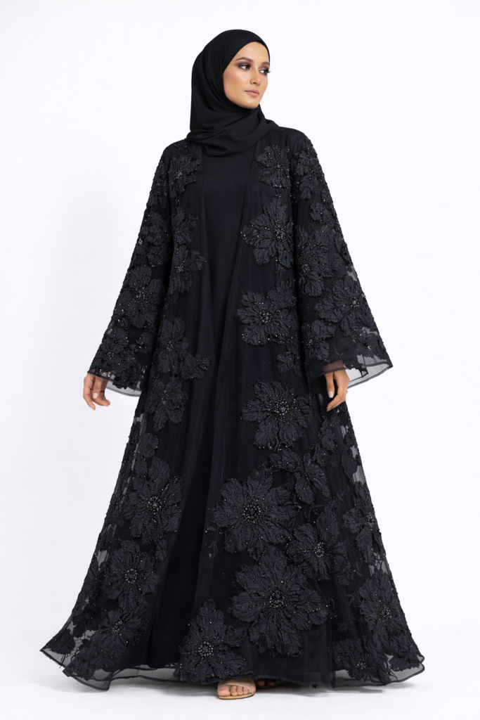 Black Luxury Occasion Abaya – Floral Embroidered abaya