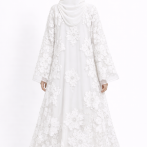 White Luxury Occasion Abaya – Floral Embroidered Abaya