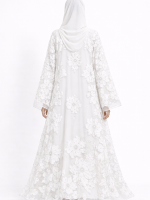 White Luxury Occasion Abaya – Floral Embroidered Abaya