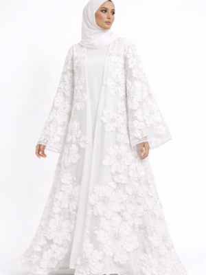 White Luxury Occasion Abaya – Floral Embroidered Abaya