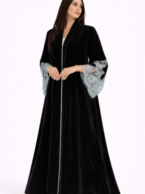 Dubai Luxury Black Velvet Open Abaya with Lace Sleeves for Women