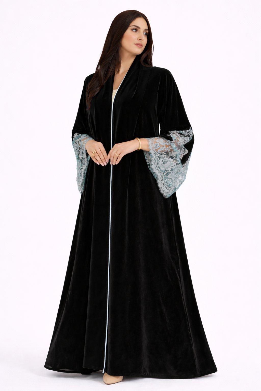 Dubai Luxury Black Velvet Open Abaya with Lace Sleeves for Women