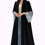 Dubai Luxury Black Velvet Open Abaya with Lace Sleeves for Women