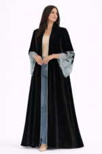 Dubai Luxury Black Velvet Open Abaya with Lace Sleeves for Women