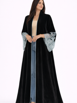 Dubai Luxury Black Velvet Open Abaya with Lace Sleeves for Women