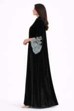 Dubai Luxury Black Velvet Open Abaya with Lace Sleeves for Women