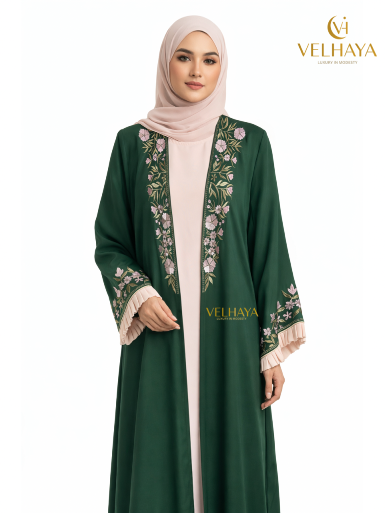 Green Embroidered Dubai Abaya – Floral Front Open Elegant Abaya