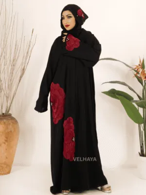 Luxury Handwork Open Abaya – Red floral Dubai Modest Fashion