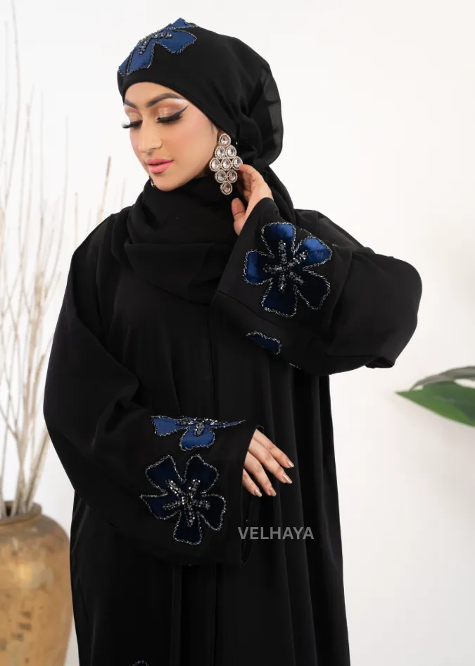 Luxury Handwork Open Abaya – Blue floral Dubai Abaya for women