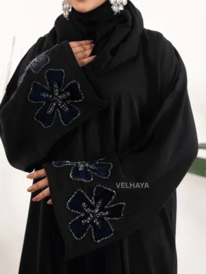 Luxury Handwork Open Abaya – Blue floral Dubai Abaya for women