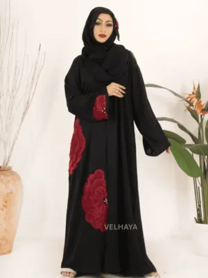 Luxury Handwork Open Abaya – Red floral Dubai Modest Fashion