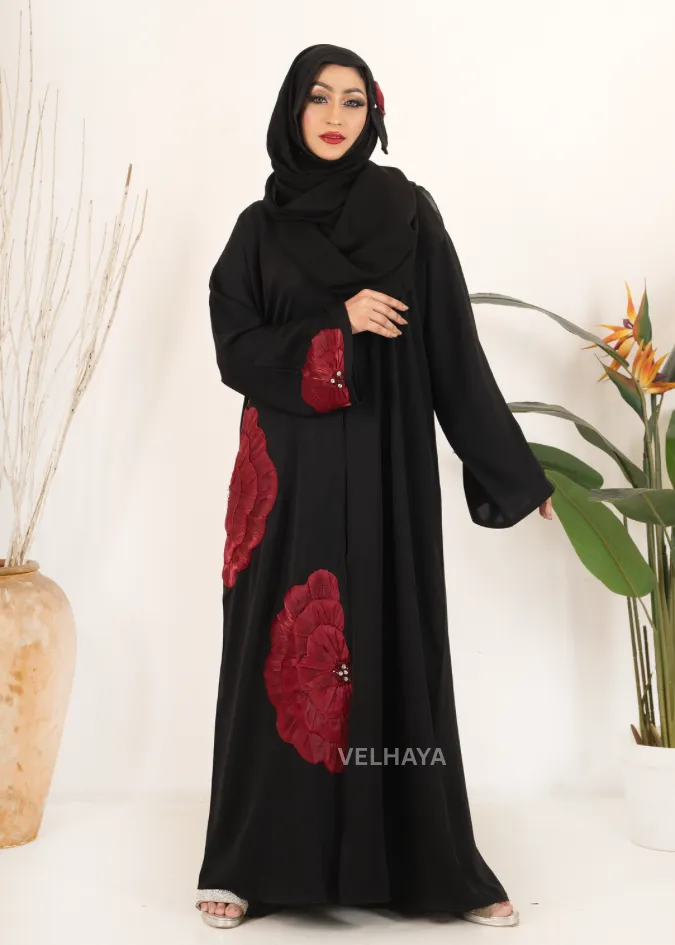 Luxury Handwork Open Abaya – Red floral Dubai Modest Fashion