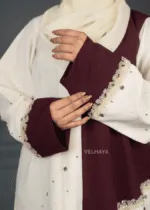 Velhaya Noor Royale Abaya Set – Luxury Maroon & Ivory Embellished Modest Wear with Matching Hijab