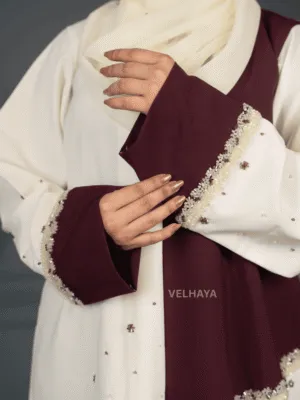 Velhaya Noor Royale Abaya Set – Luxury Maroon & Ivory Embellished Modest Wear with Matching Hijab