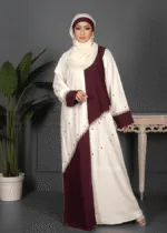 Velhaya Noor Royale Abaya Set – Luxury Maroon & Ivory Embellished Modest Wear with Matching Hijab