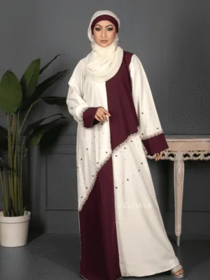 Velhaya Noor Royale Abaya Set – Luxury Maroon & Ivory Embellished Modest Wear with Matching Hijab