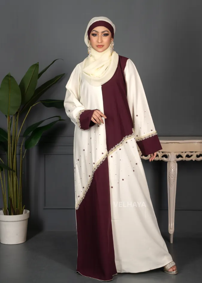 Velhaya Noor Royale Abaya Set – Luxury Maroon & Ivory Embellished Modest Wear with Matching Hijab