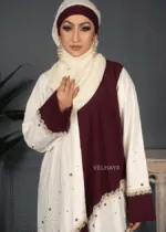 Velhaya Noor Royale Abaya Set – Luxury Maroon & Ivory Embellished Modest Wear with Matching Hijab