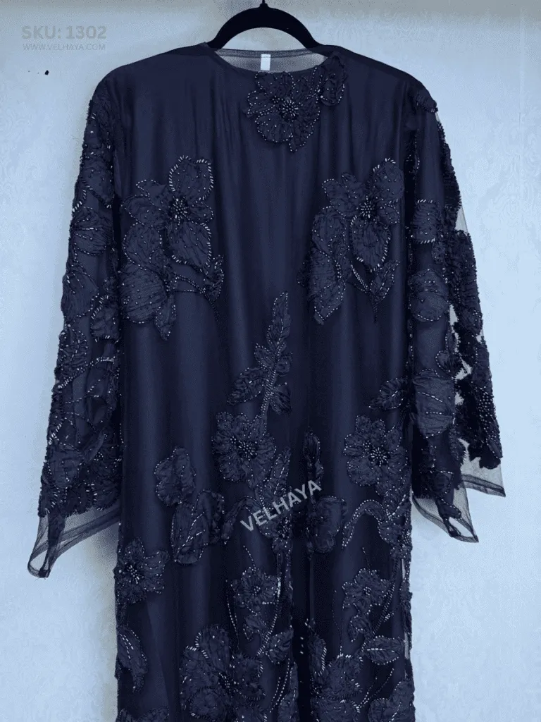 VELHAYA Luxury Handicrafts Floral Occasion Dubai Abaya with Matching Hijab – Navy Blue | Premium Modest Wear for Women