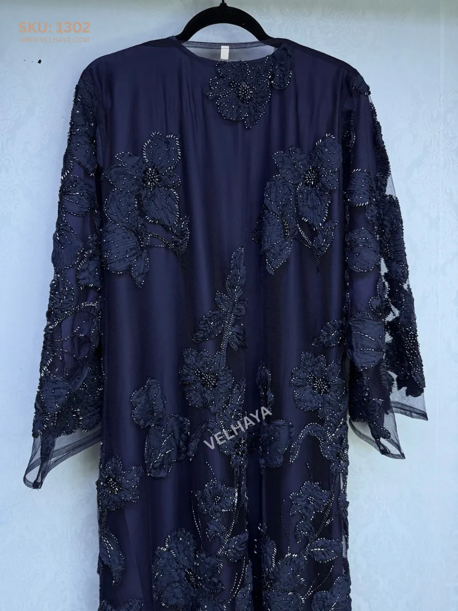 VELHAYA Luxury Handicrafts Floral Occasion Dubai Abaya with Matching Hijab – Navy Blue | Premium Modest Wear for Women