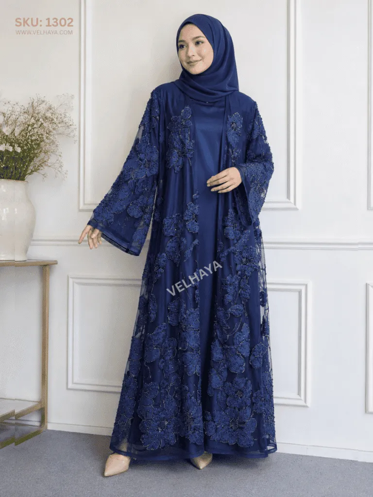 VELHAYA Luxury Handicrafts Floral Occasion Dubai Abaya with Matching Hijab – Navy Blue | Premium Modest Wear for Women