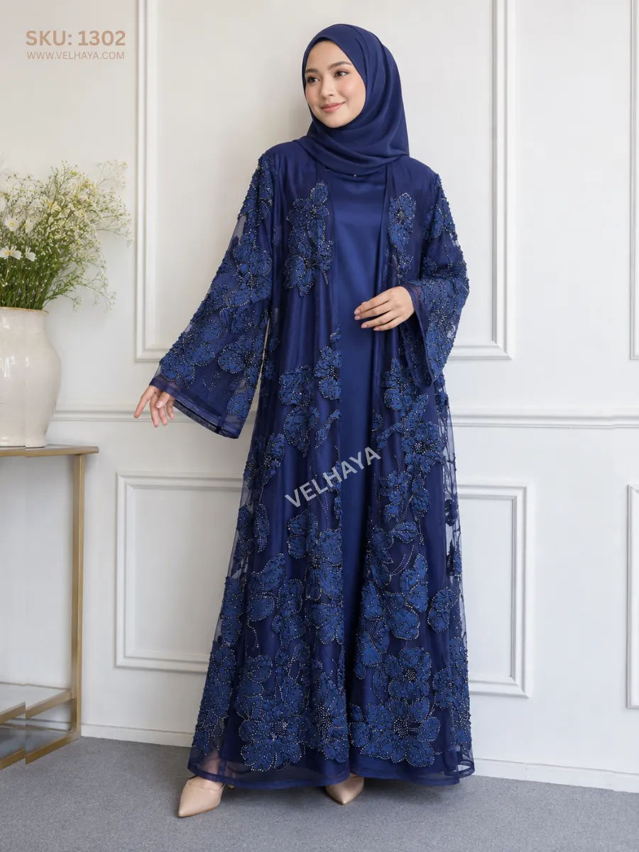 VELHAYA Luxury Handicrafts Floral Occasion Dubai Abaya with Matching Hijab – Navy Blue | Premium Modest Wear for Women