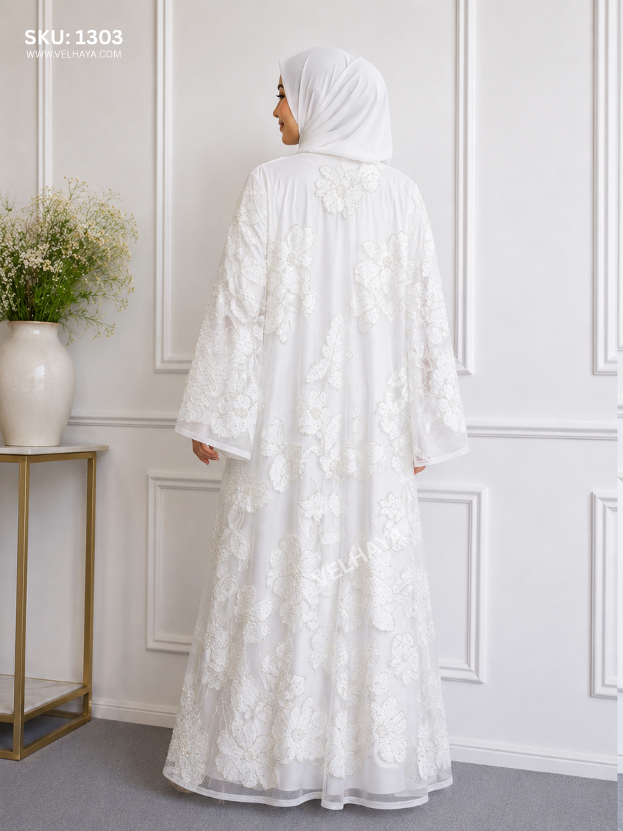 VELHAYA Luxury Handicrafts Floral Occasion Dubai Abaya with Matching Hijab – White | Premium Modest Wear for Women