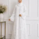 VELHAYA Luxury Handicrafts Floral Occasion Dubai Abaya with Matching Hijab – White | Premium Modest Wear for Women