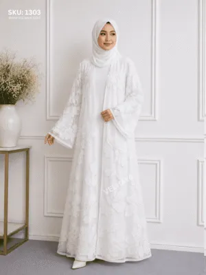 VELHAYA Luxury Handicrafts Floral Occasion Dubai Abaya with Matching Hijab – White | Premium Modest Wear for Women