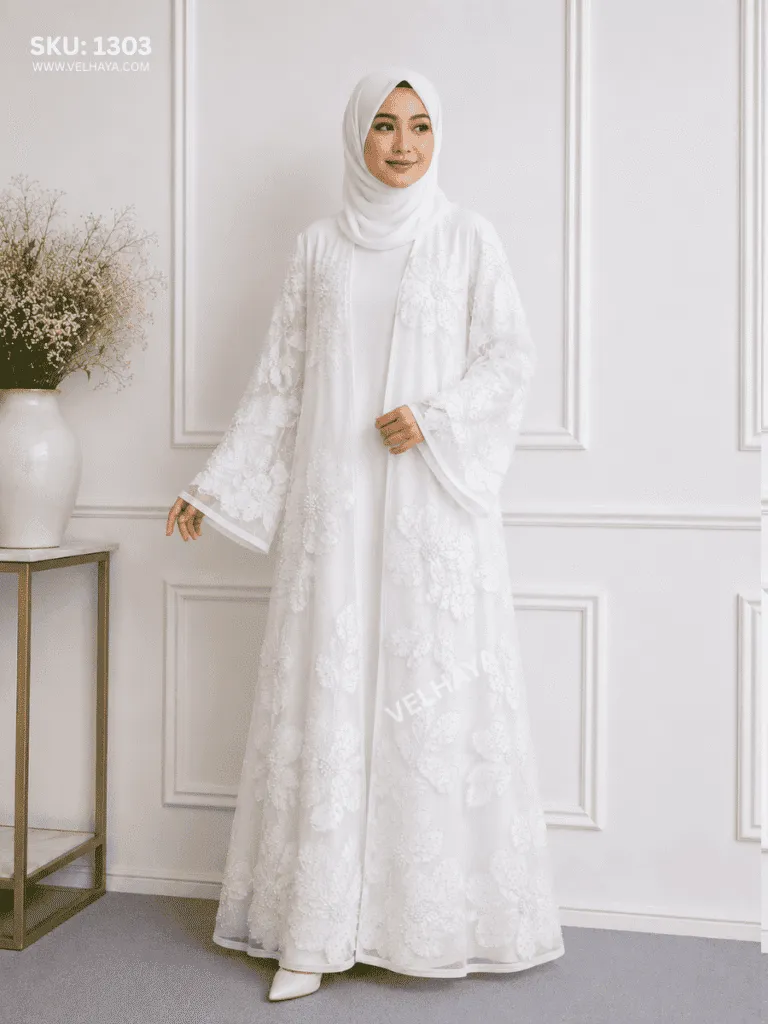 VELHAYA Luxury Handicrafts Floral Occasion Dubai Abaya with Matching Hijab – White | Premium Modest Wear for Women