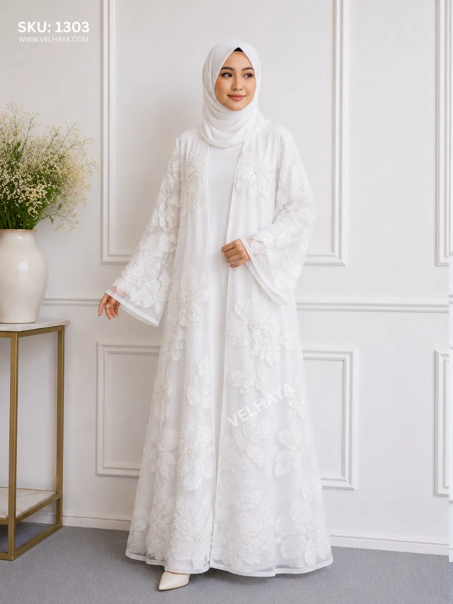 VELHAYA Luxury Handicrafts Floral Occasion Dubai Abaya with Matching Hijab – White | Premium Modest Wear for Women