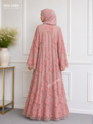VELHAYA Luxury Handicrafts Floral Occasion Dubai Abaya with Matching Hijab – Blush Rose | Premium Modest Wear for Women