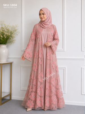 VELHAYA Luxury Handicrafts Floral Occasion Dubai Abaya with Matching Hijab – Blush Rose | Premium Modest Wear for Women
