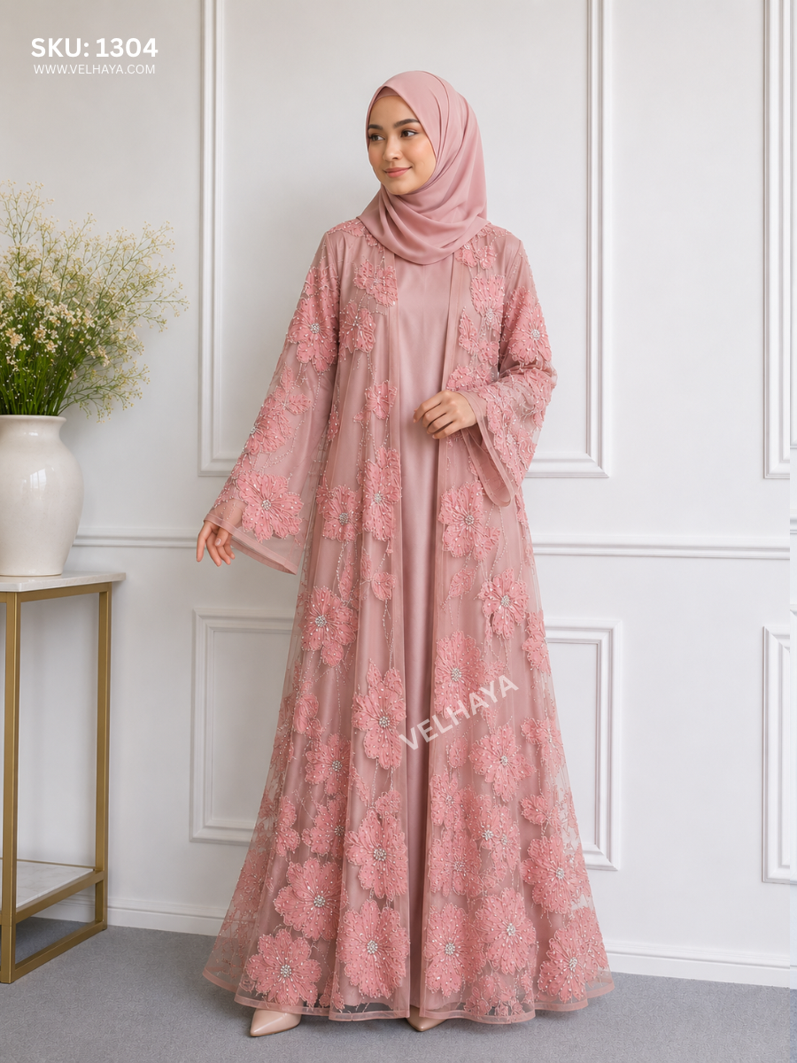 VELHAYA Luxury Handicrafts Floral Occasion Dubai Abaya with Matching Hijab – Blush Rose | Premium Modest Wear for Women