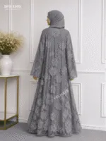 VELHAYA Luxury Handicrafts Floral Occasion Dubai Abaya with Matching Hijab – Pearl Grey | Premium Modest Wear for Women