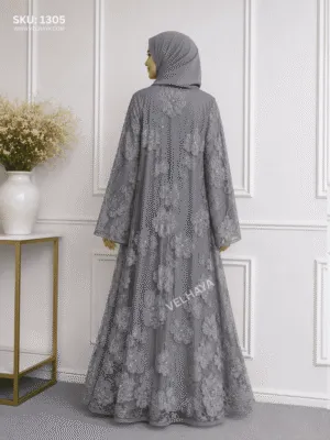 VELHAYA Luxury Handicrafts Floral Occasion Dubai Abaya with Matching Hijab – Pearl Grey | Premium Modest Wear for Women