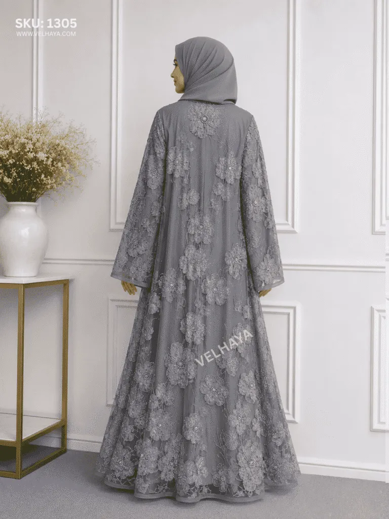 VELHAYA Luxury Handicrafts Floral Occasion Dubai Abaya with Matching Hijab – Pearl Grey | Premium Modest Wear for Women