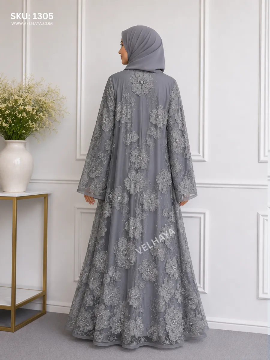 VELHAYA Luxury Handicrafts Floral Occasion Dubai Abaya with Matching Hijab – Pearl Grey | Premium Modest Wear for Women