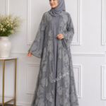 VELHAYA Luxury Handicrafts Floral Occasion Dubai Abaya with Matching Hijab – Pearl Grey | Premium Modest Wear for Women