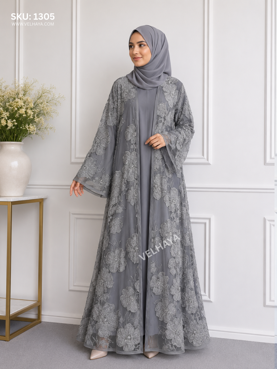 VELHAYA Luxury Handicrafts Floral Occasion Dubai Abaya with Matching Hijab – Pearl Grey | Premium Modest Wear for Women